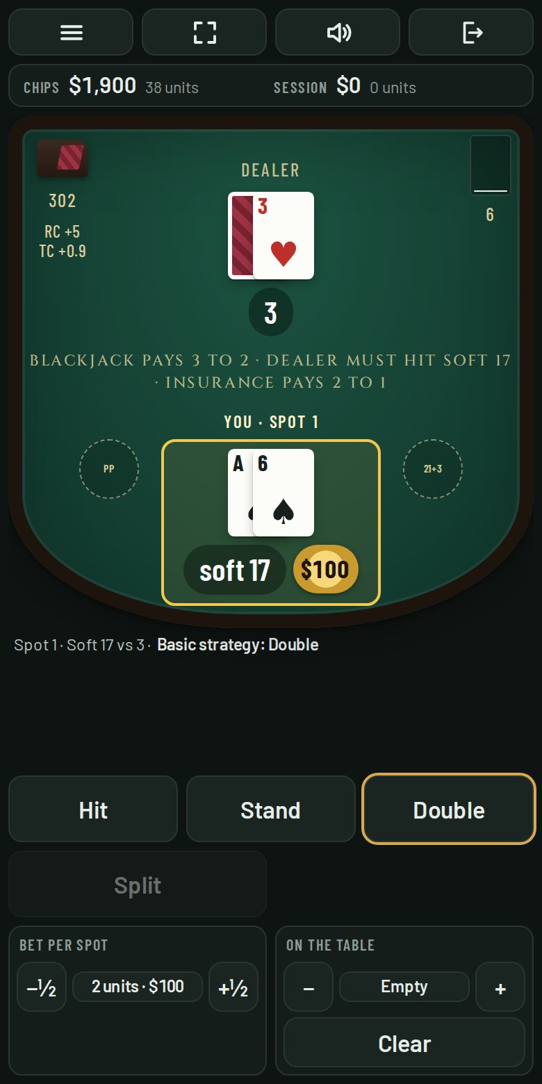 Shoe Lab on a phone: a soft 17 against the dealer's 3, with the basic strategy hint Double